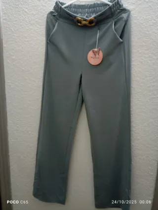 Pantalón mujer gris/verde con cinturón