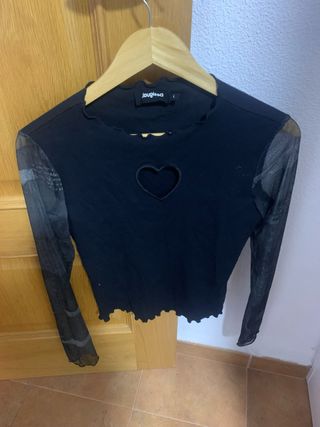 Blusa Desigual Negra Corazón Transparente Talla L