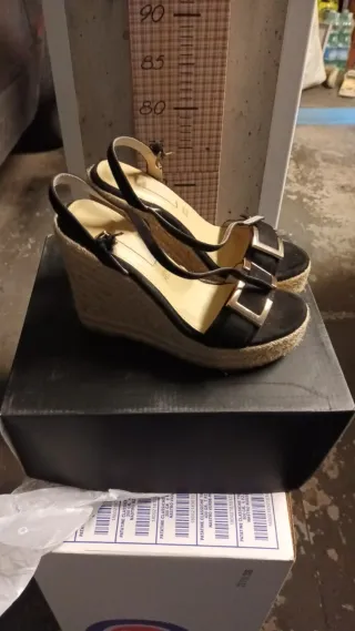 Sandali Zeppa Neri Vera Pelle Oro