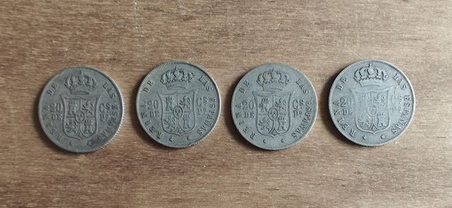 4 Monedas Plata 20 Centavos Peso Filipinas 1868