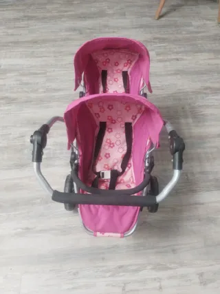 Carrito gemelar doble rosa flores para muñecas