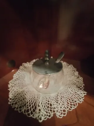 Azucarero antiguo de cristal y plata