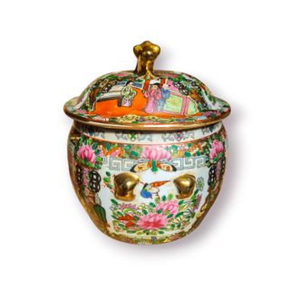 Vaso Chinês Famille Rose com Tampa Dourada