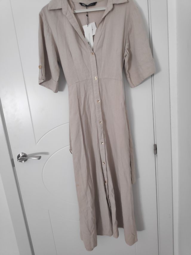 Vestido camisero largo Zara lino beige