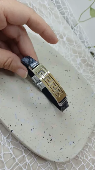 Pulsera Hombre Piel y Acero Greco Dorada