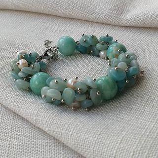 Pulsera Amazonita y Perlas Naturales