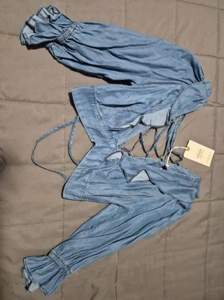 Blusa vaquera crop top manga 3/4 marca studio f