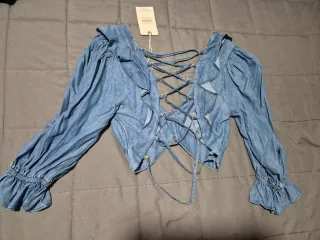 Blusa vaquera crop top manga 3/4 marca studio f