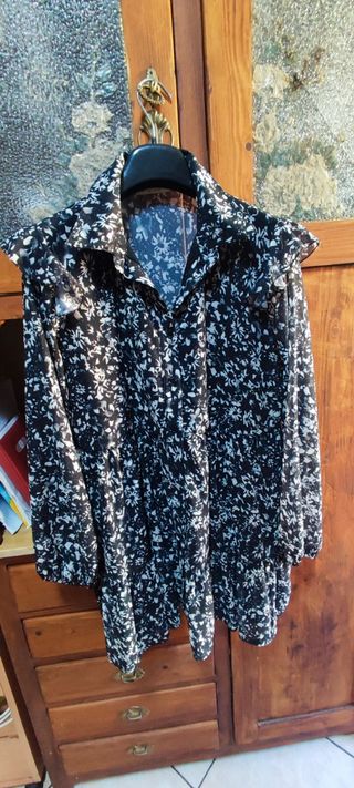 Camicia blusa fantasia fiori bianco nero