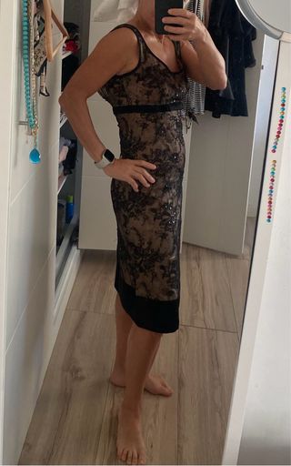 Vestido de fiesta encaje negro y beige