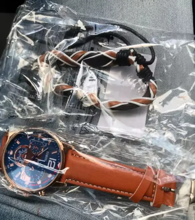 Conjunto Reloj y Pulsera Cuero Marrón