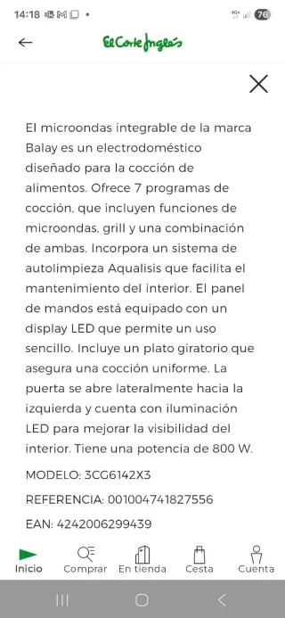 Microondas integrable Balay 3CG6142X3