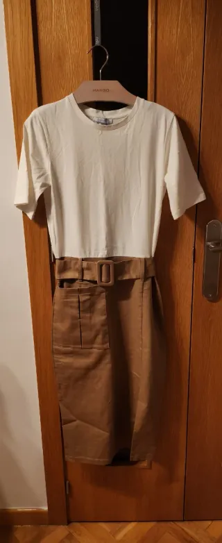 Vestido Zara blanco y marrón con cinturón