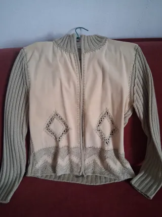 Chaqueta vintage punto y ante beige/gris