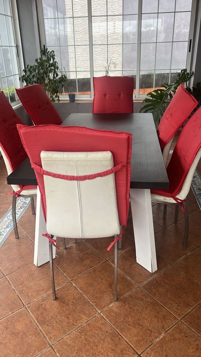 Mesa y 6 Sillas Polipiel Beige/Marrón