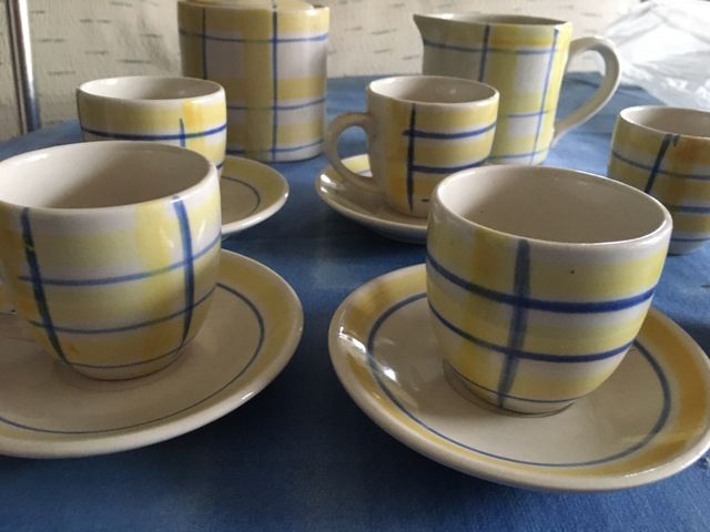 Juego Tazas Café Cerámica Cuadros Azul Amarillo
