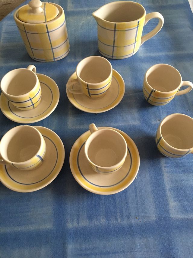 Juego Tazas Café Cerámica Cuadros Azul Amarillo