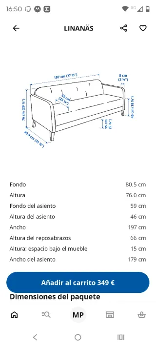 Sofá 2 plazas gris oscuro LINANAS IKEA