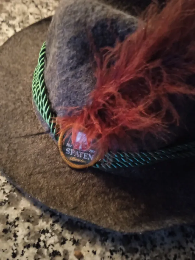 Sombrero marrón con pluma y cordón