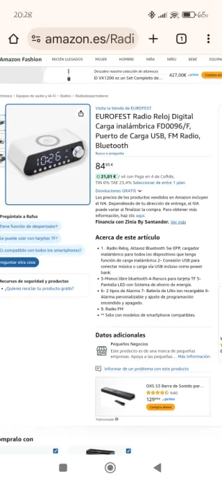 Radio Reloj Carga Inalámbrica Bluetooth Eurofest