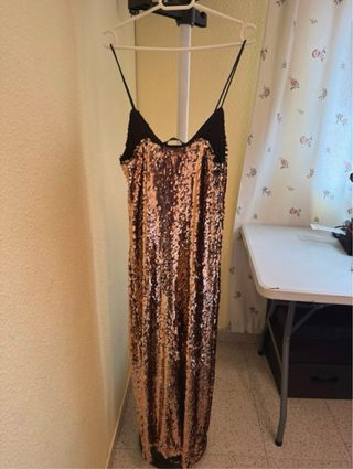 Vestido fiesta largo lentejuelas negro y dorado