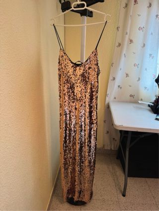 Vestido fiesta largo lentejuelas negro y dorado