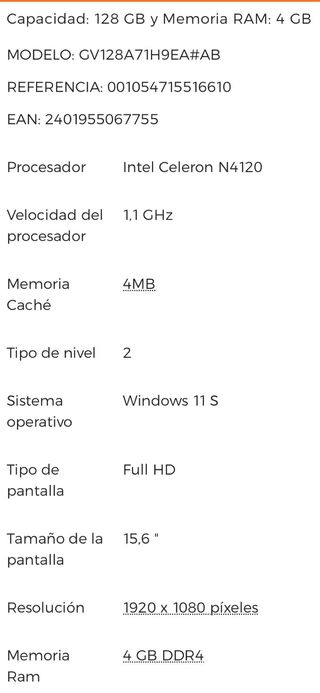 Portátil HP 15s-fq0055ns Intel Celeron 4GB