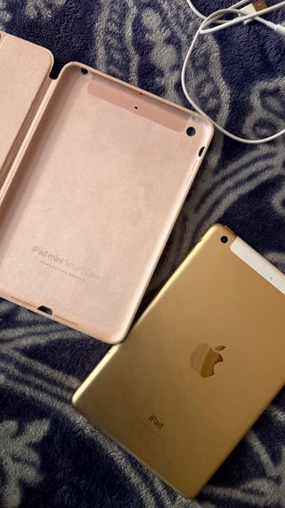 iPad Mini Dorado, con funda y cargador cable solo.