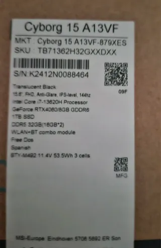 Portátil MSI Cyborg Negro i7 32gb ram rtx4060