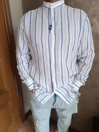 Camicia Luigi Fusaro Lino Righe Azzurro Bianco