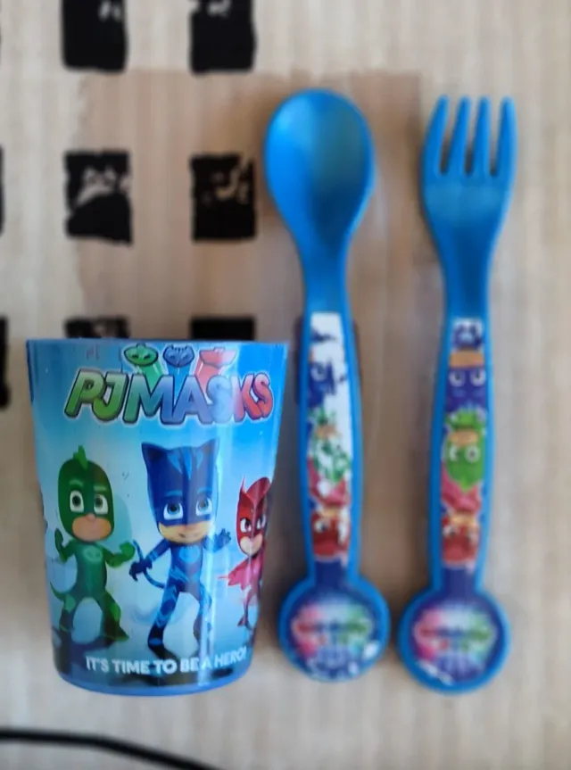Vaso y cubiertos Pj Masks