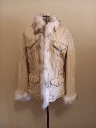 Giacca imbottita in vera pelle vintage beige 