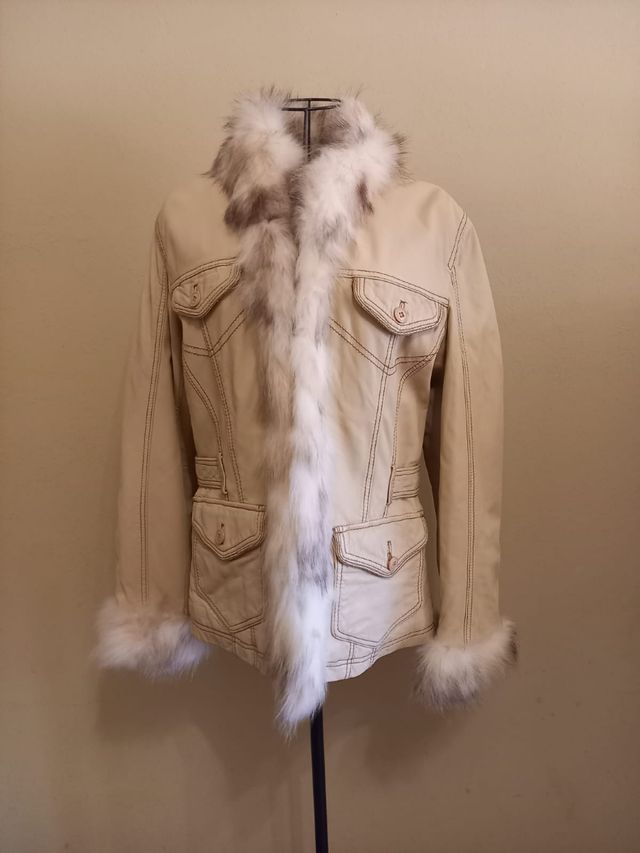 Giacca imbottita in vera pelle vintage beige 