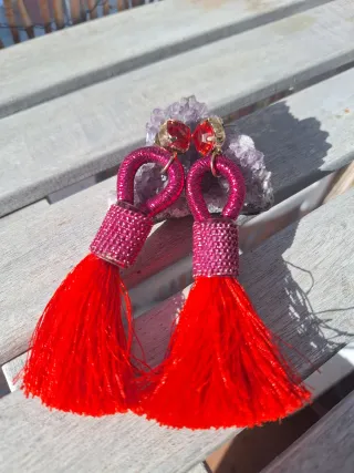 Pendientes largos bisutería rosa y rojo