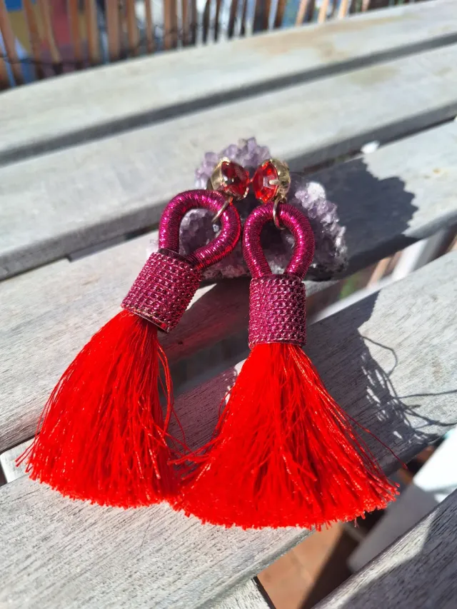 Pendientes largos bisutería rosa y rojo