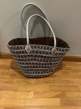 Capazo/Bolso Grande Rafia Plateado