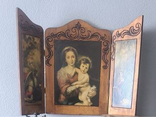 Tríptico antiguo madera tallada pintura clásica