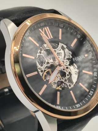 Reloj Fossil Automático Esqueleto Dorado Negro