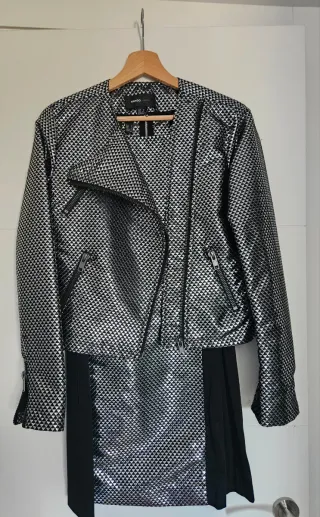 Conjunto Vestido  + chaquetaMango Negro y Plateado