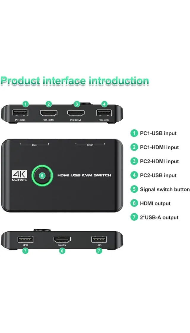 Conmutador KVM Switch 2PC 1 Monitor HDMI USB