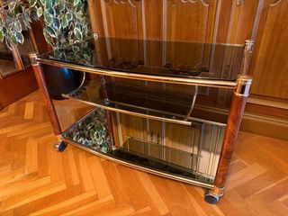 Mesa auxiliar cristal y madera con ruedas