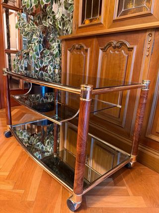 Mesa auxiliar cristal y madera con ruedas