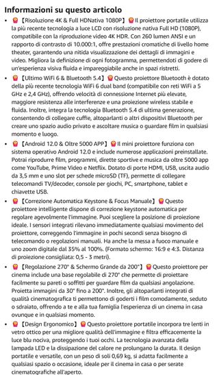 Proiettore Portatile 4K WiFi 6 Bluetooth 5.4