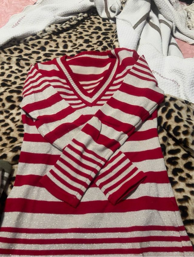Vestido o Jersey Largo Rayas Rojo/Plata con brillo