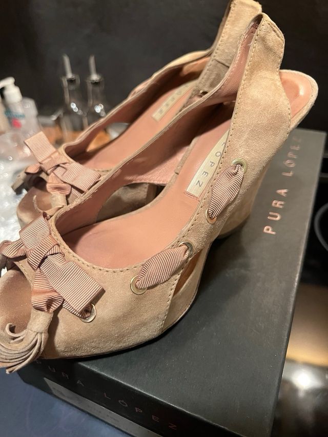 Pura Lopez Sandalias Tacón Plataforma Ante Beige T