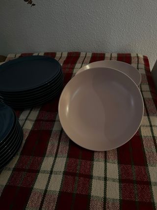 Vajilla porcelana azul y rosa palo