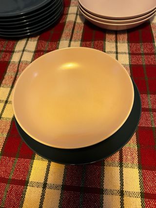 Vajilla porcelana azul y rosa palo