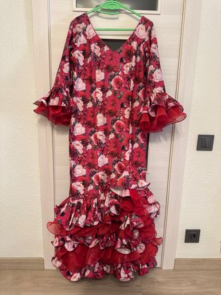 Vestido Flamenca Rojo Flores Volantes