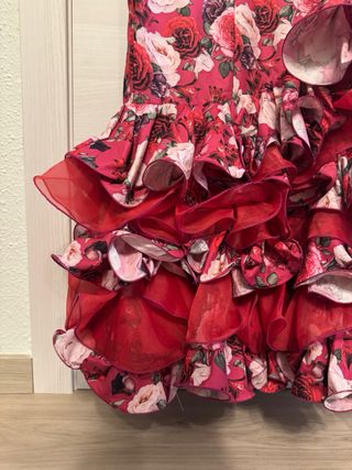 Vestido Flamenca Rojo Flores Volantes