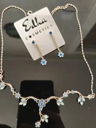 Conjunto Collar y Pendientes Flores Azul Plata